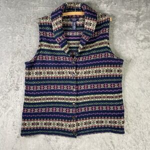Chaps Sweater Vest Womens Sz 1X Fair Isle Shawl Collar Cardigan Buttons Cotton